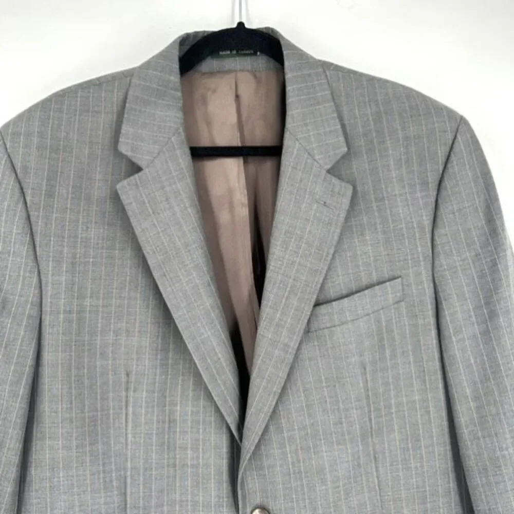 Vintage Ralph Lauren Men’s Double Breasted Blazer Wool Pinstripe‎ Gray Size 44L